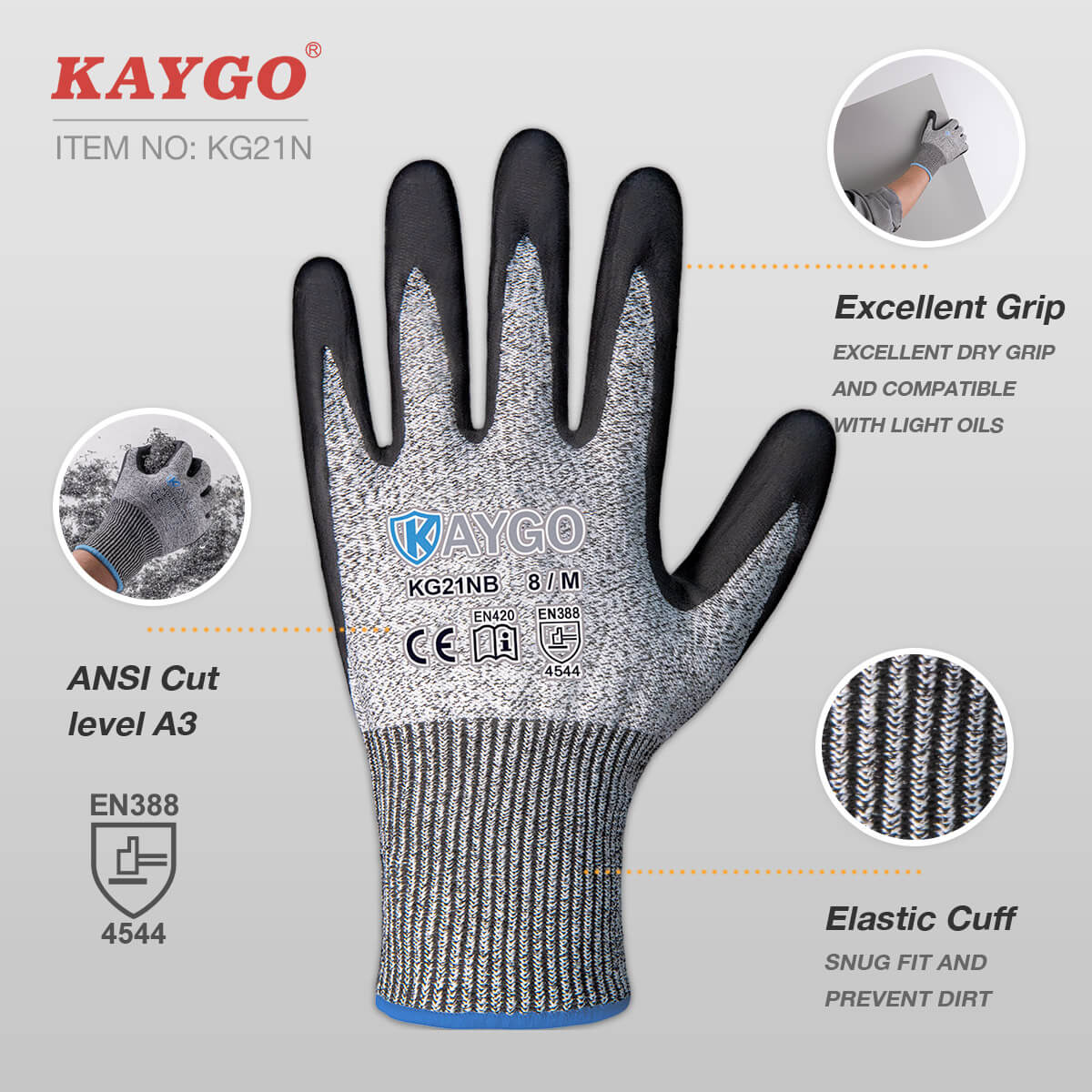 KAYGO Cut Resistant Gloves, Microfoam Nitrile Coated, ANSI Cut Level A3,Superior Grip Performance,Durable, Safety Work Gloves for Men