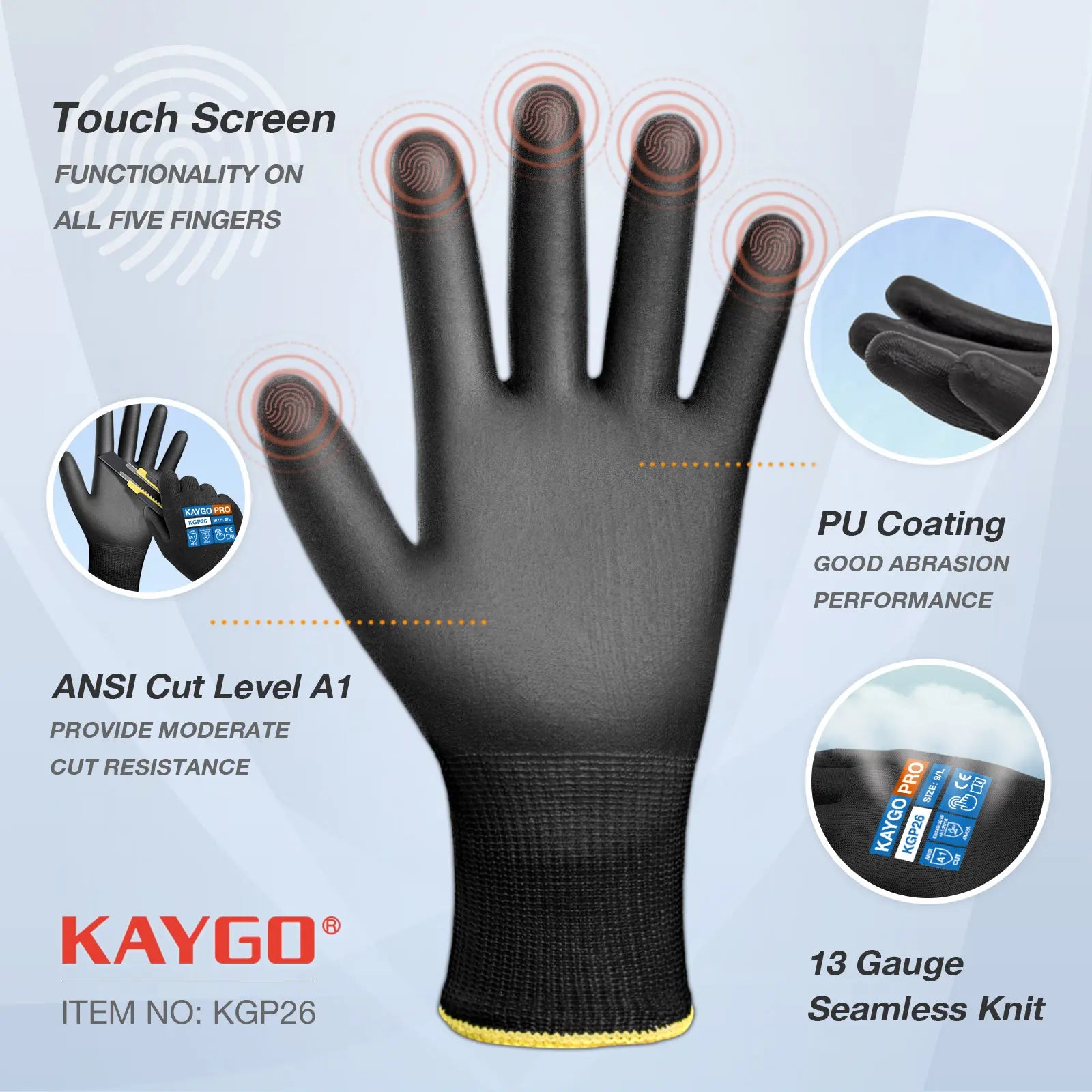 A1 Cut Resistant Gloves with PU Coated Smooth Grip on Palm & Fingers - Touchscreen Compatible