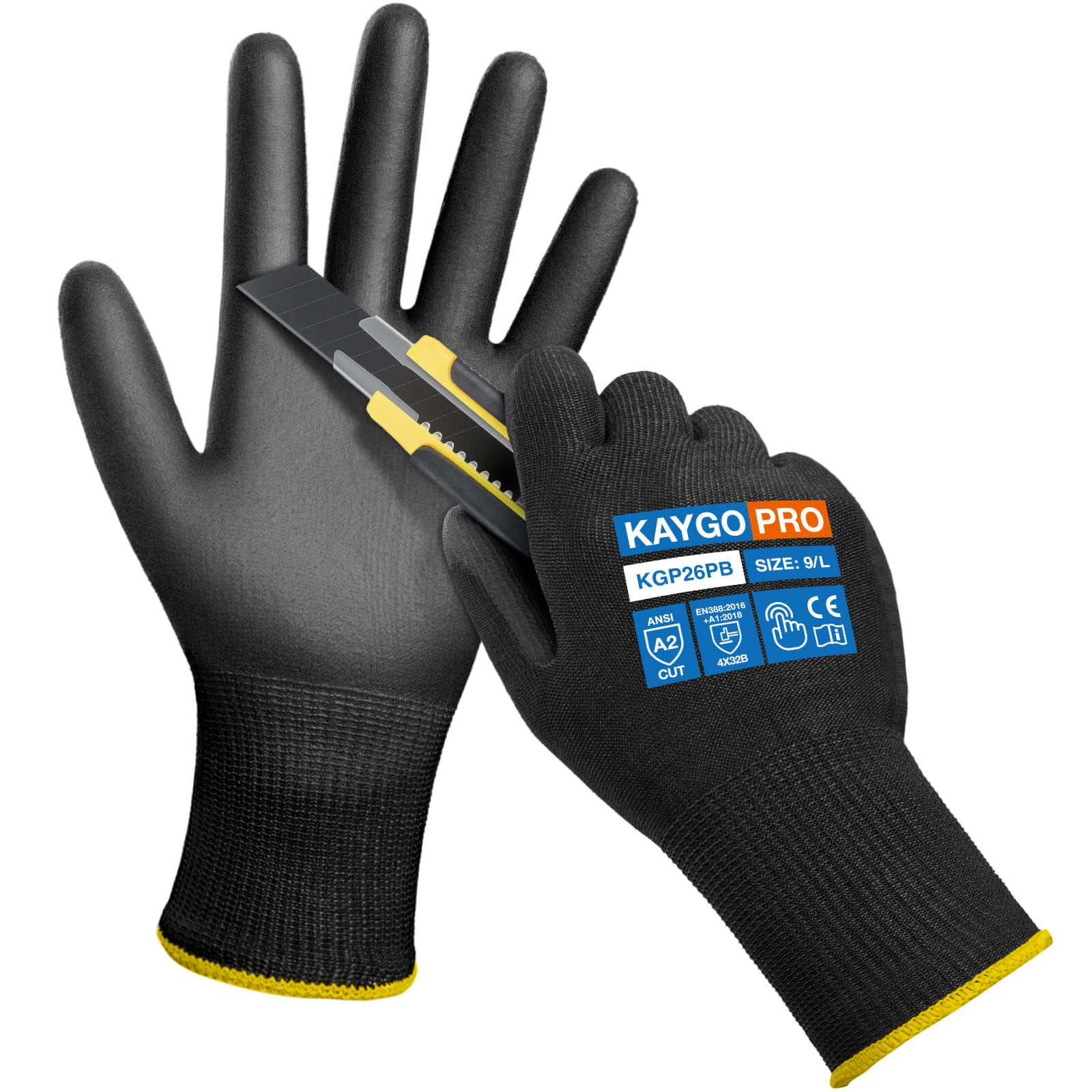 A2 Cut Resistant Gloves with PU Coated Smooth Grip on Palm & Fingers - Touchscreen Compatible