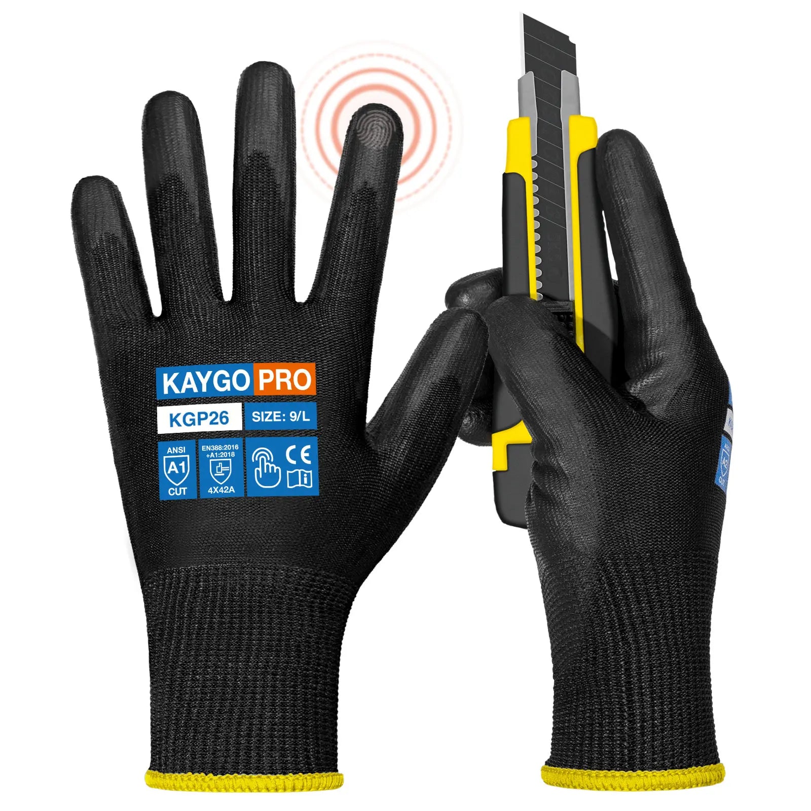 A1 Cut Resistant Gloves with PU Coated Smooth Grip on Palm & Fingers - Touchscreen Compatible