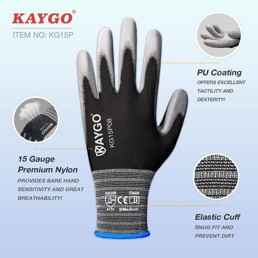 Black Working Gloves with PU Coating - 3 Pairs of Safety Work Gloves - for Construction, Warehouse, Carpenter, Electric Work