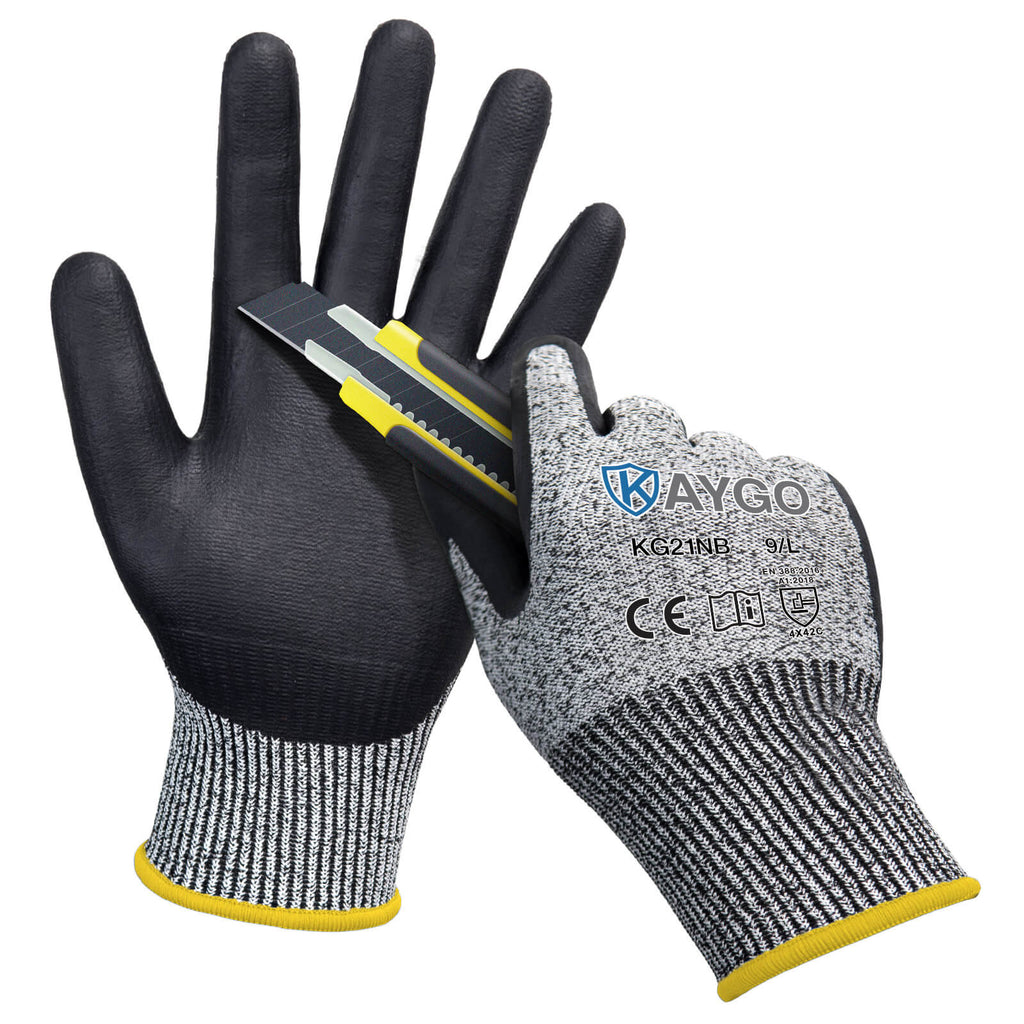 KAYGO KG21N Cut Resistant HPPE Work Gloves with Microfoam Nitrile Coated on Palm and Fingers 12 Pairs / Gray / Small