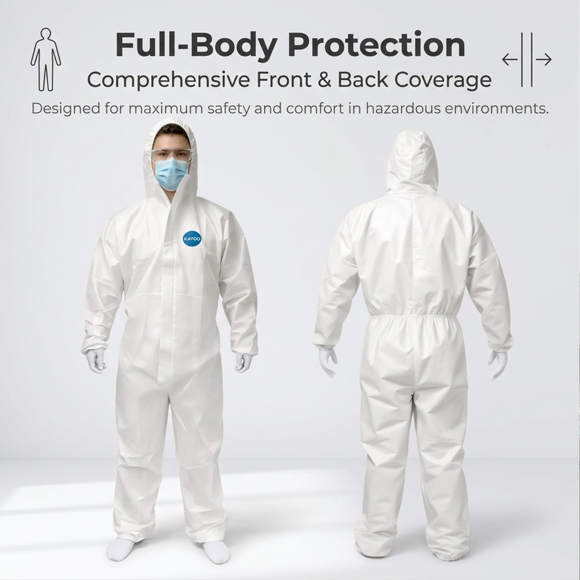KAYGO Disposable Polypropylene Protective Coverall Suit with Hood, Zipper Front and Elastic Cuffs