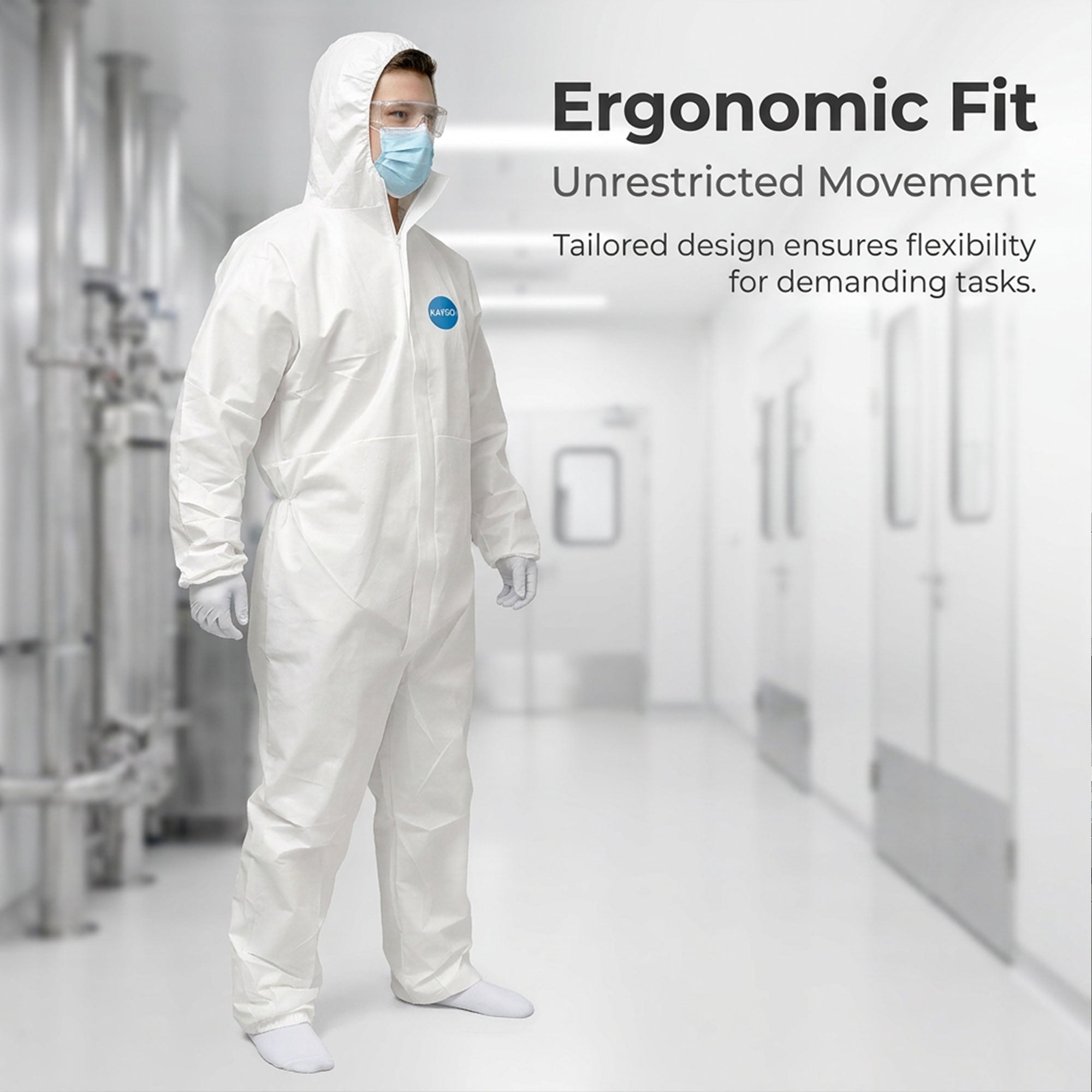 KAYGO Disposable Polypropylene Protective Coverall Suit with Hood, Zipper Front and Elastic Cuffs