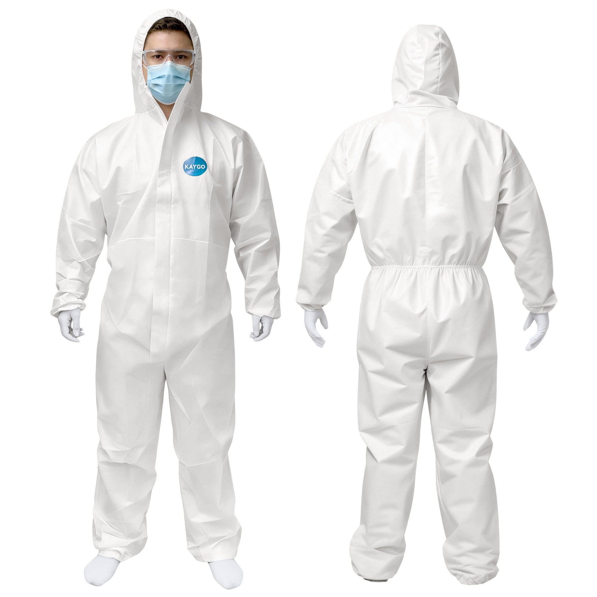 KAYGO Disposable Polypropylene Protective Coverall Suit with Hood, Zipper Front and Elastic Cuffs