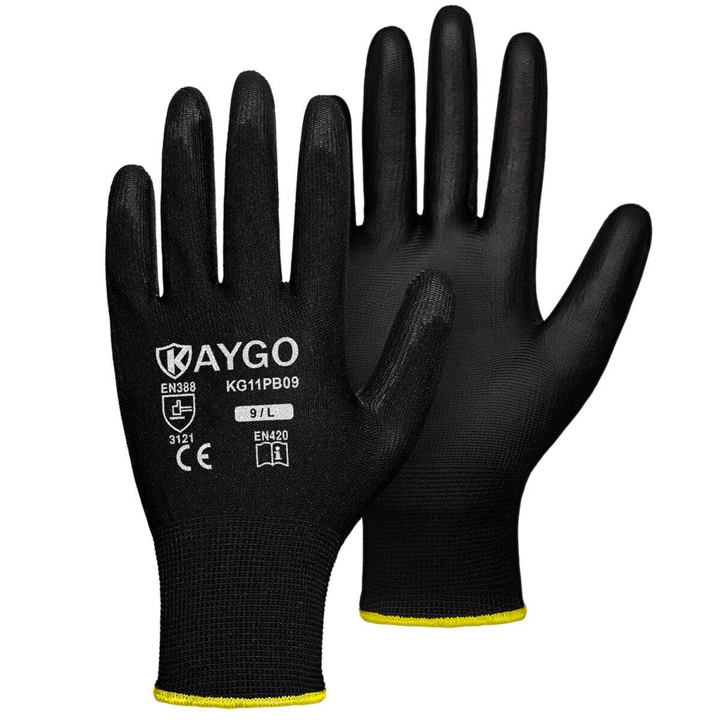 KAYGO Safety Work Gloves PU Coated-12 Pairs KG11P Seamless Knit Glove with Polyurethane Coated Smooth Grip on Palm & Fingers for Men and Women IDE