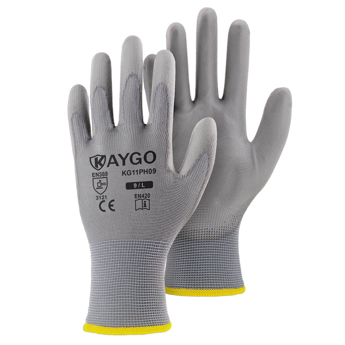 Work Gloves for Men and Women 12 Pairs, KAYGO Kg11p, Seamless Knit Working Glove with Polyurethane Coated for General Purpose, Adult Unisex, Size